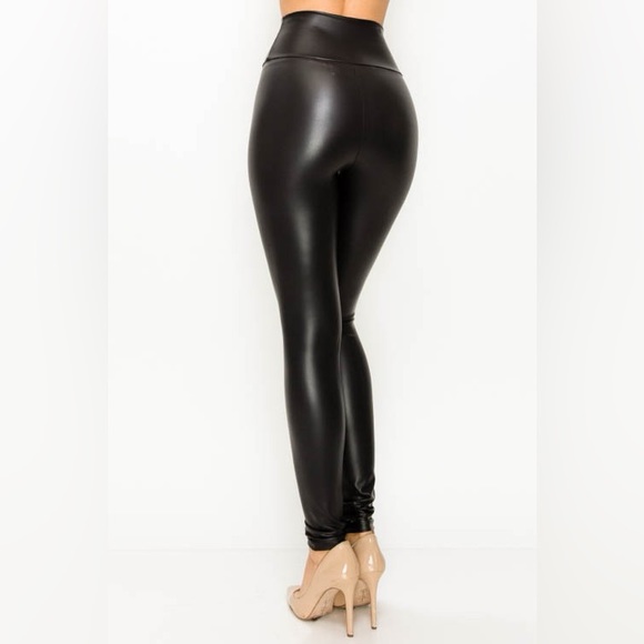 High Waisted Faux Leather Leggings in Black - Picture 2 of 3